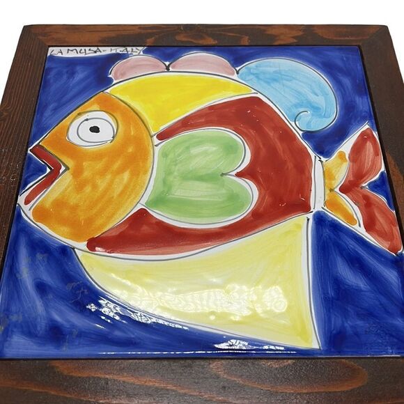 Italian Pottery Framed Fish Tile La Musa Hand-Painted Wooden Frame Italy - Picture 4 of 8
